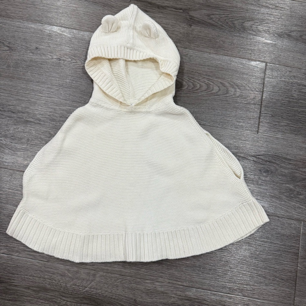 Cozy Knit Hooded Poncho with Ears - Cream